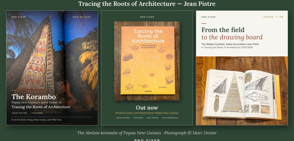 Le livre TASCHEN Tracing the Roots of Architecture de Jean Pistre : photo de nuit d’un korambo abelam de Papouasie-Nouvelle-Guinée par Marc Dozier, couverture et dessins du korambo