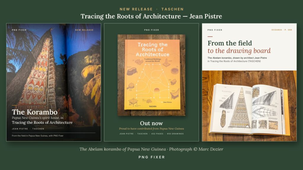 Le livre TASCHEN Tracing the Roots of Architecture de Jean Pistre : photo de nuit d’un korambo abelam de Papouasie-Nouvelle-Guinée par Marc Dozier, couverture et dessins du korambo