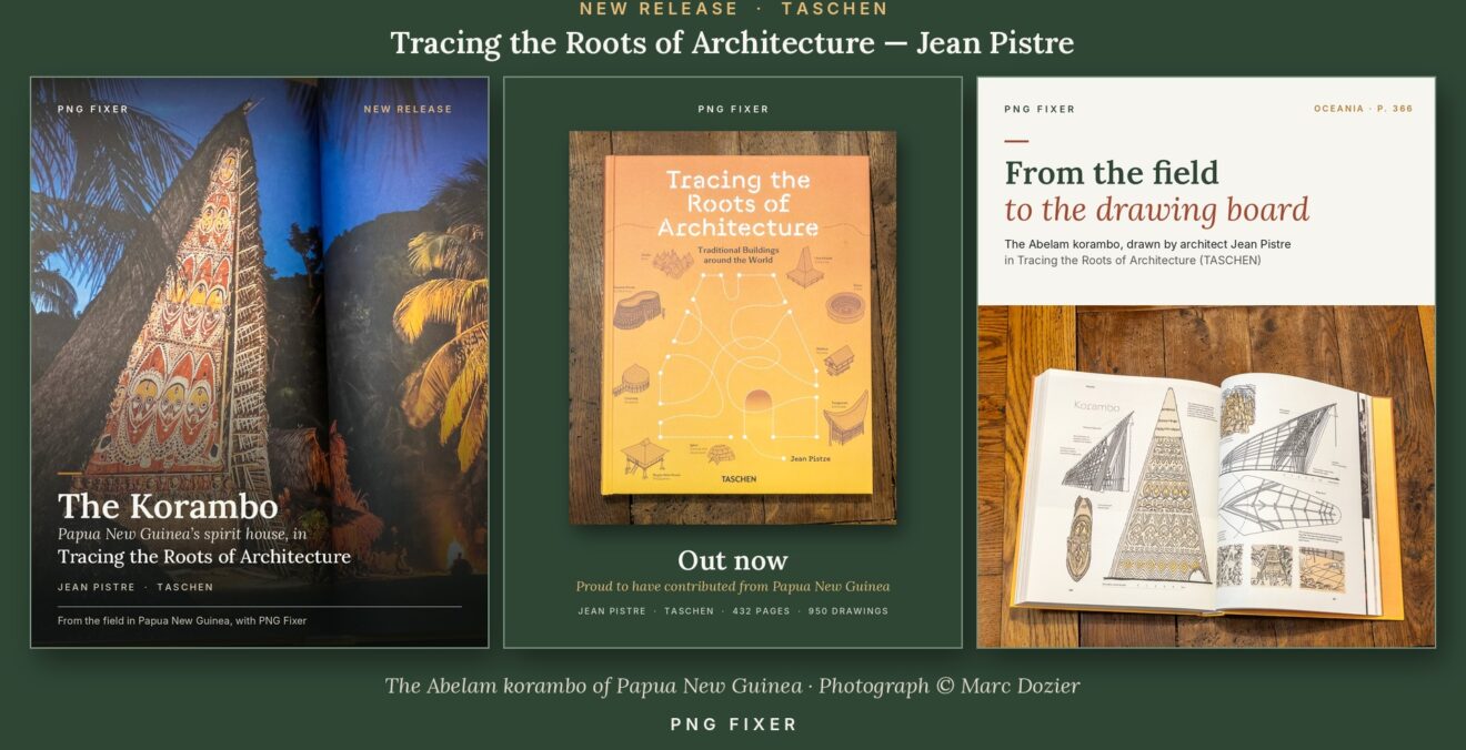 Le livre TASCHEN Tracing the Roots of Architecture de Jean Pistre : photo de nuit d’un korambo abelam de Papouasie-Nouvelle-Guinée par Marc Dozier, couverture et dessins du korambo
